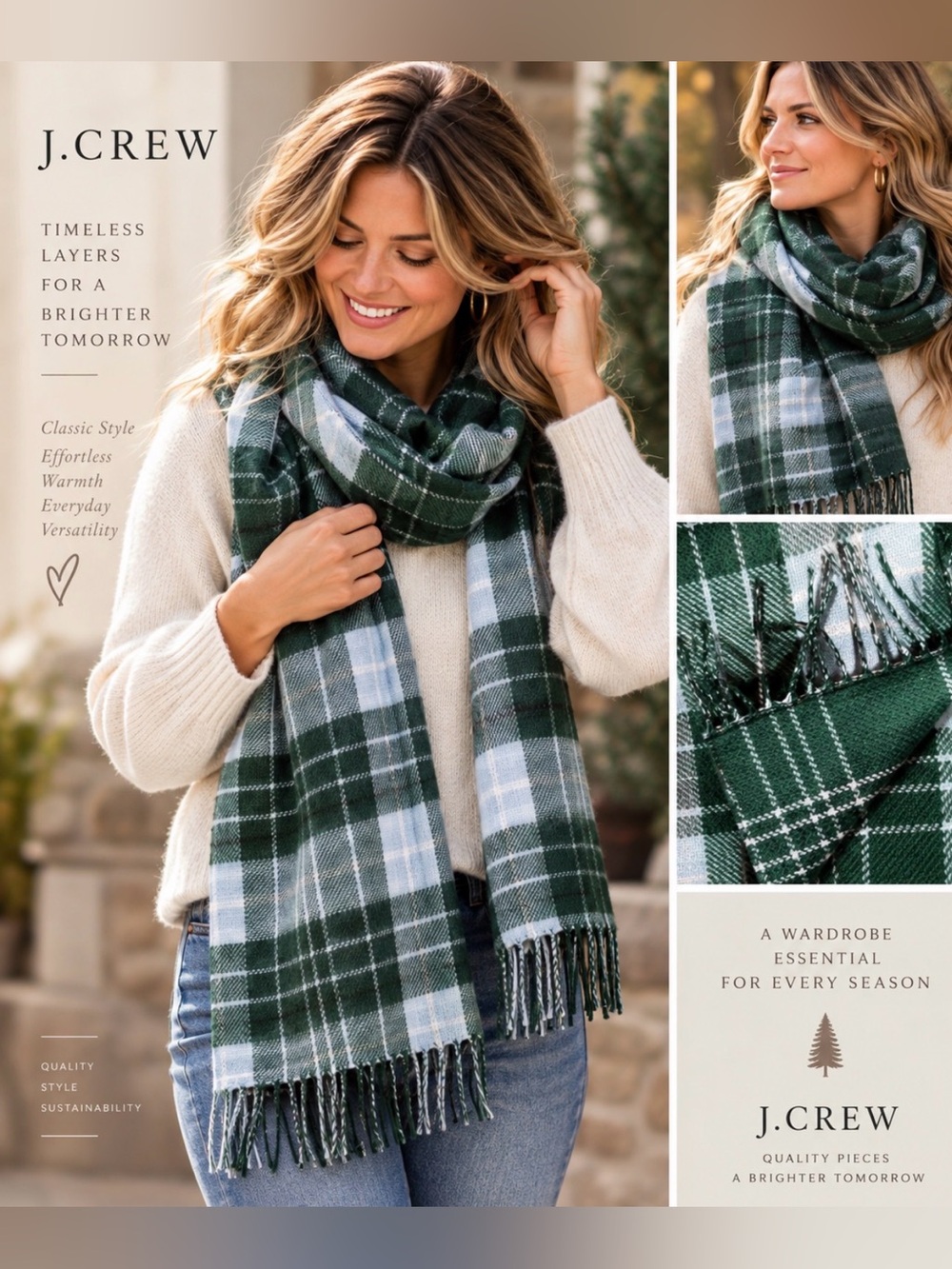 J.Crew Green Blue Plaid Fringe Scarf One Size NWT